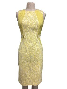 Calvin Klein Yellow Jacquard Sleeveless Sheath Dress Cocktail Tea Party Feminine